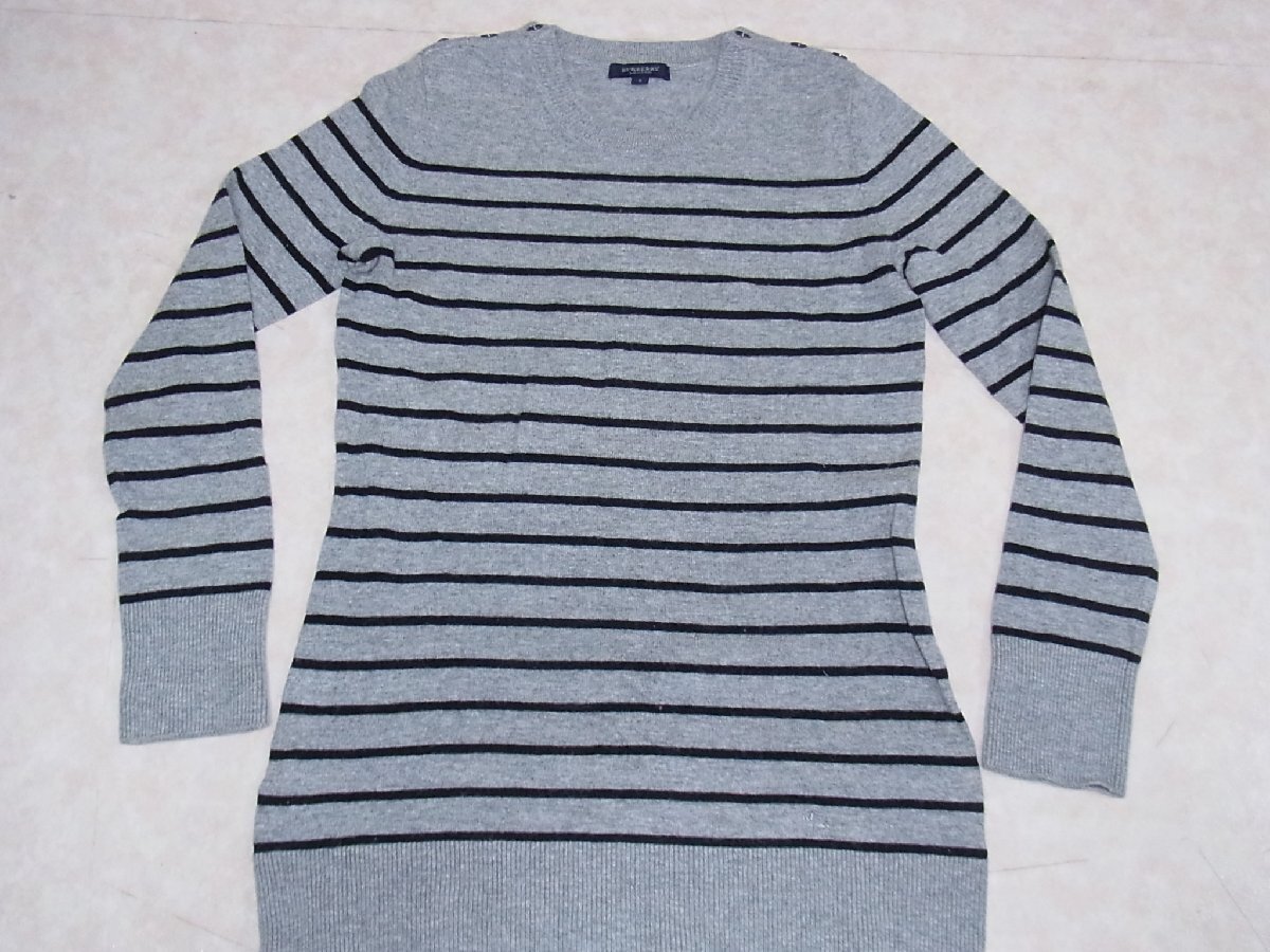 バーバリー BURBERRY 【ジャンク・虫食い穴】 ニット カットソー 丸首 長袖 2号 グレーxボーダー ウール/シルク 三陽商会 中古品拍卖
