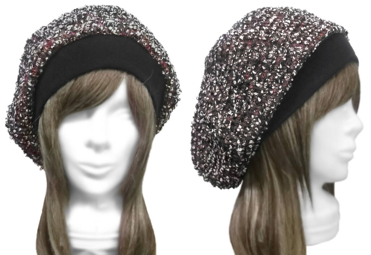 ◇送料無料◇ ハンドメイド◆リブ付ベレー帽◆ウール混 変り織ローゲージニット/mix系 ◇ゆったりサイズ・小顔効果・寒い季節におすすめ拍卖