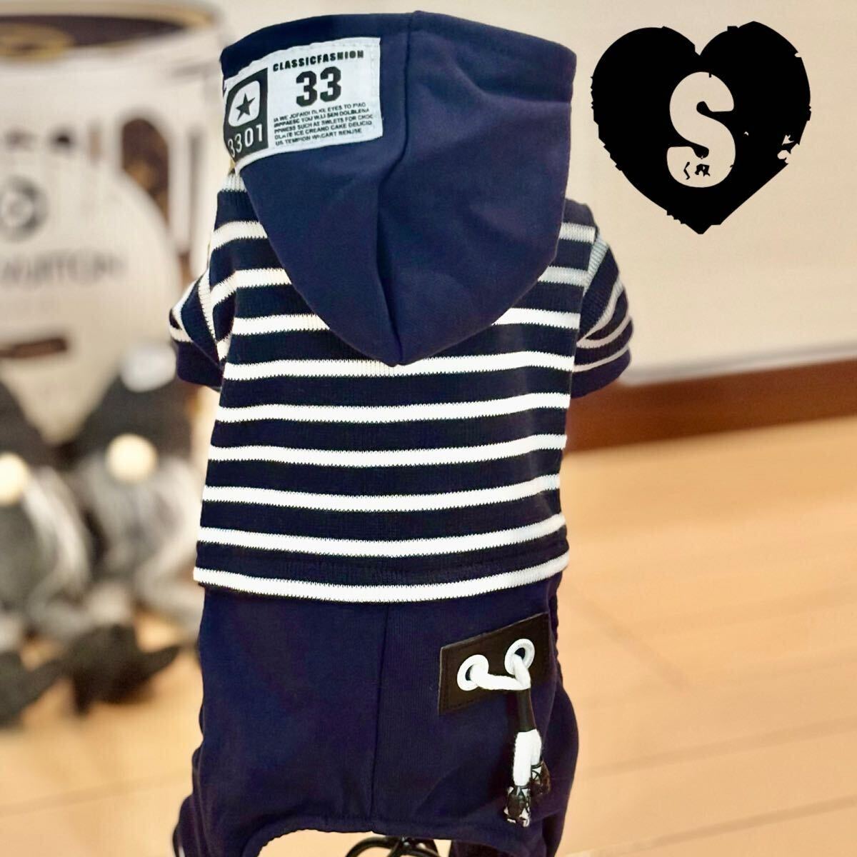 S フード付き ボーダー カバーオール (紺・黒) 犬服 つなぎ ロンパース 犬の服 ボトムス ズボン ペット服 ペット用品拍卖