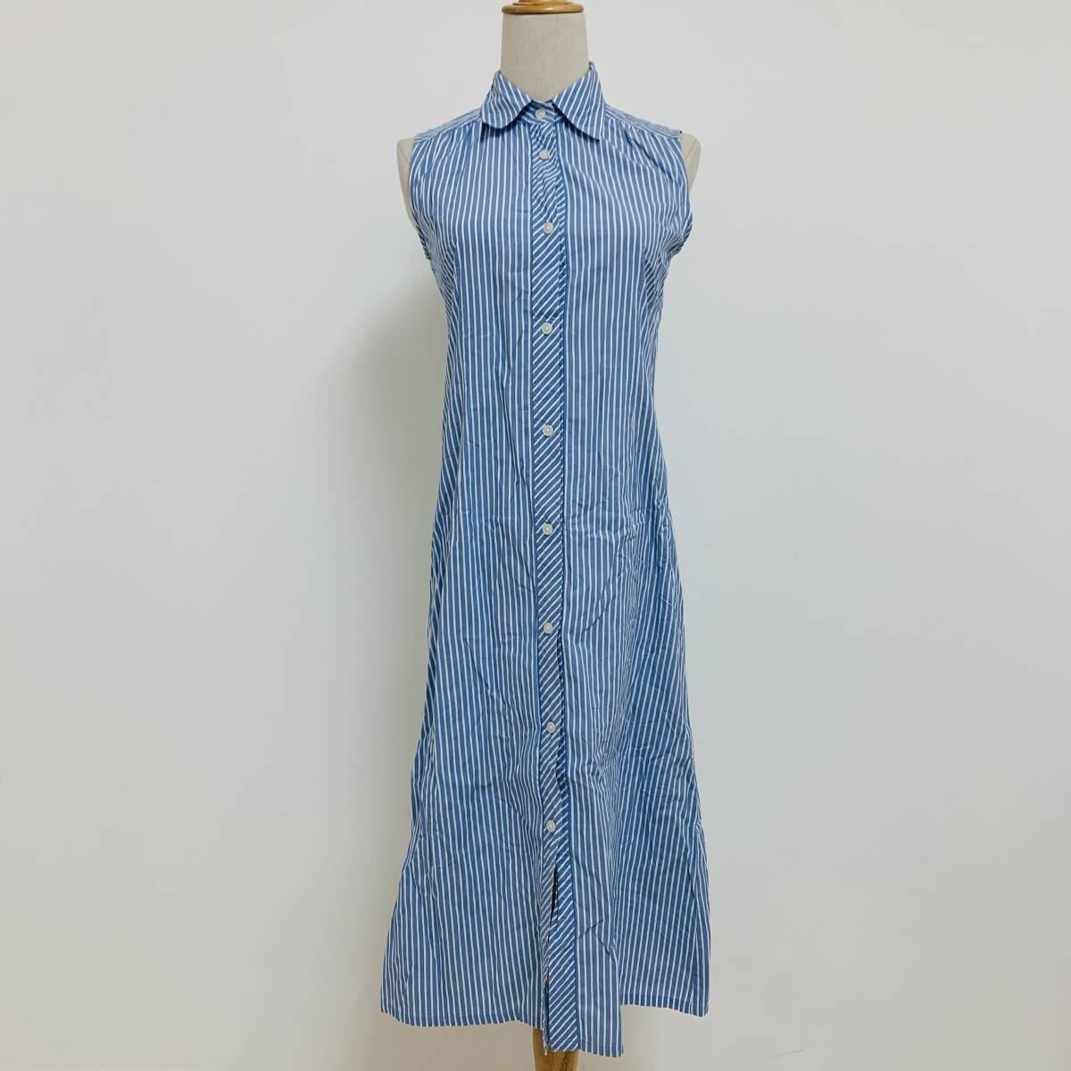 YH2129 MK KLEIN レディース ノースリーブ ロング丈 シャツ ストライプ柄 ライトブルー 水色 襟付き かわいい 夏 お洒落 万能 USED 古着拍卖