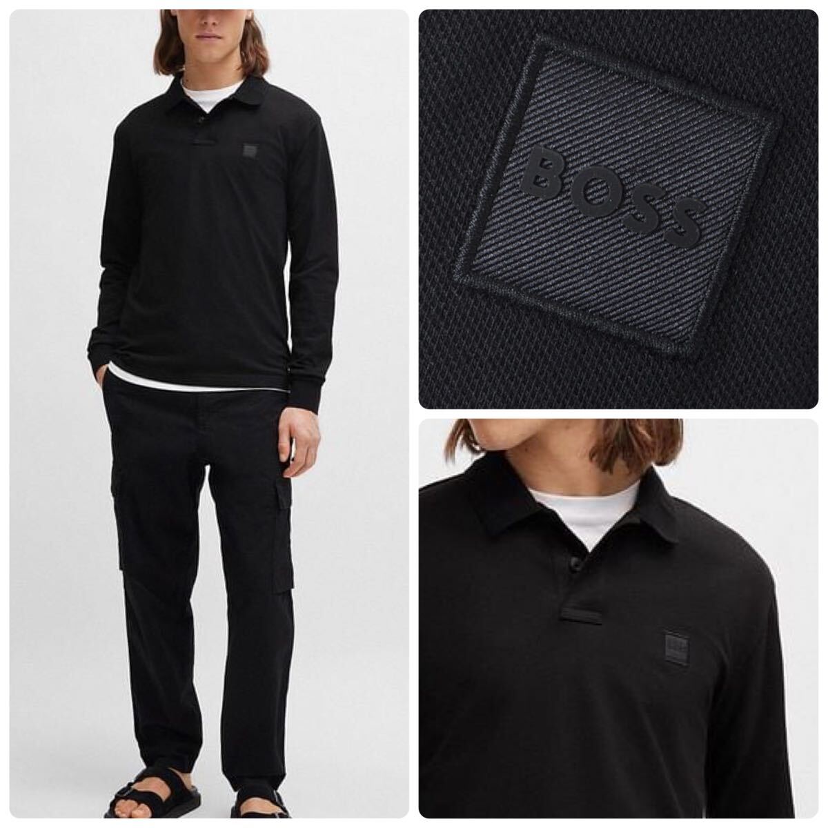 新品タグ付き◇ 2.2万 ヒューゴボス HUGO BOSS 長袖 ポロシャツ 黒 ストレッチコットン スリムフィット ポロシャツ ロゴ 鹿の子 小さめXXL拍卖