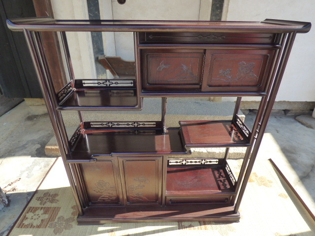 ほ64.茶棚◇煎茶棚◇飾り棚◇収納棚◇木製ラック◇透かし彫り◇彫刻◇花鳥◇違い棚◇インテリア◇和室拍卖