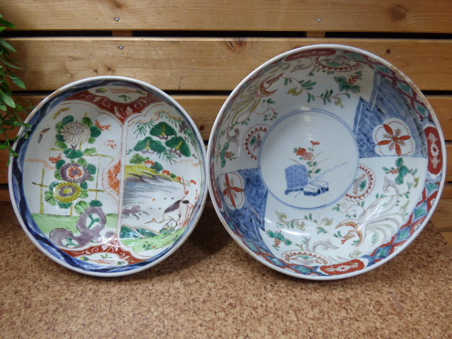 ほ77【2点セット】大鉢 花鳥 唐草 鶴 松竹 骨董品 レトロ アンティーク コレクション 当時物 希少【京都旧家蔵出し】拍卖