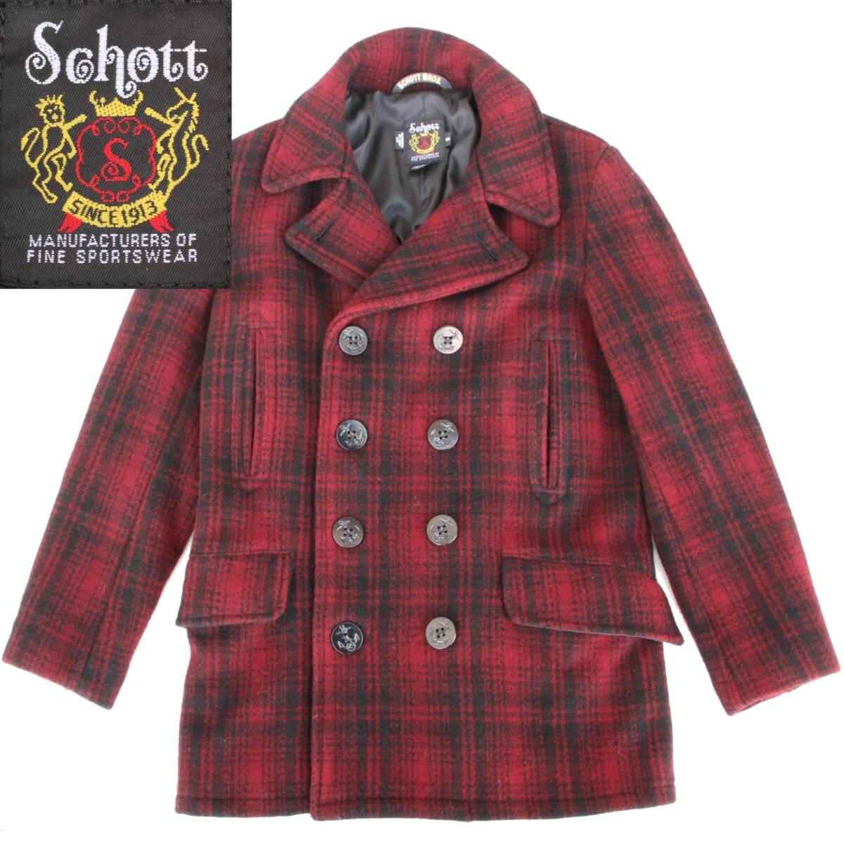 (44611)Schott WOOLRICHショット ウールリッチ782WUピーコートS (USAアメリカ製 ジャケット Pコート ウールメルトン チェック赤レッド7427)拍卖