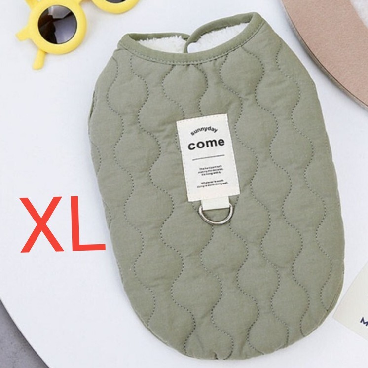 XL カーキかわいい ドッグウェアリング付き キルティング中綿ダウンベストそのままリードつけられます拍卖