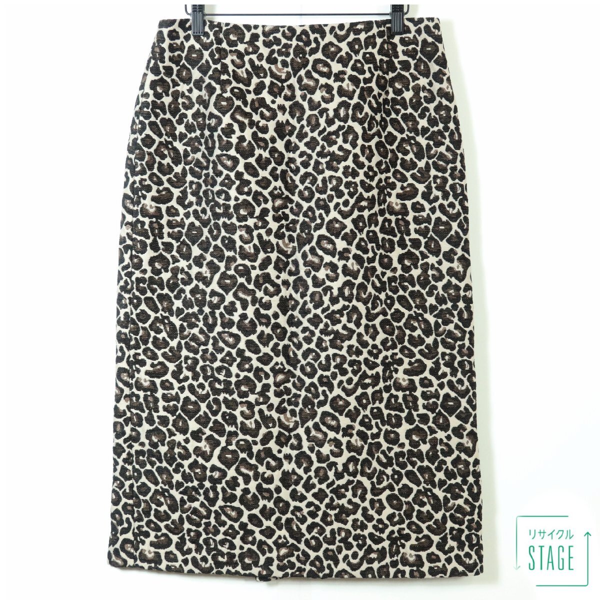 【美品】INDIVI インディヴィ★タイトスカート 大きいサイズ13 ベージュ×ブラウン系 ミモレ丈 ヒョウ柄 z11039拍卖