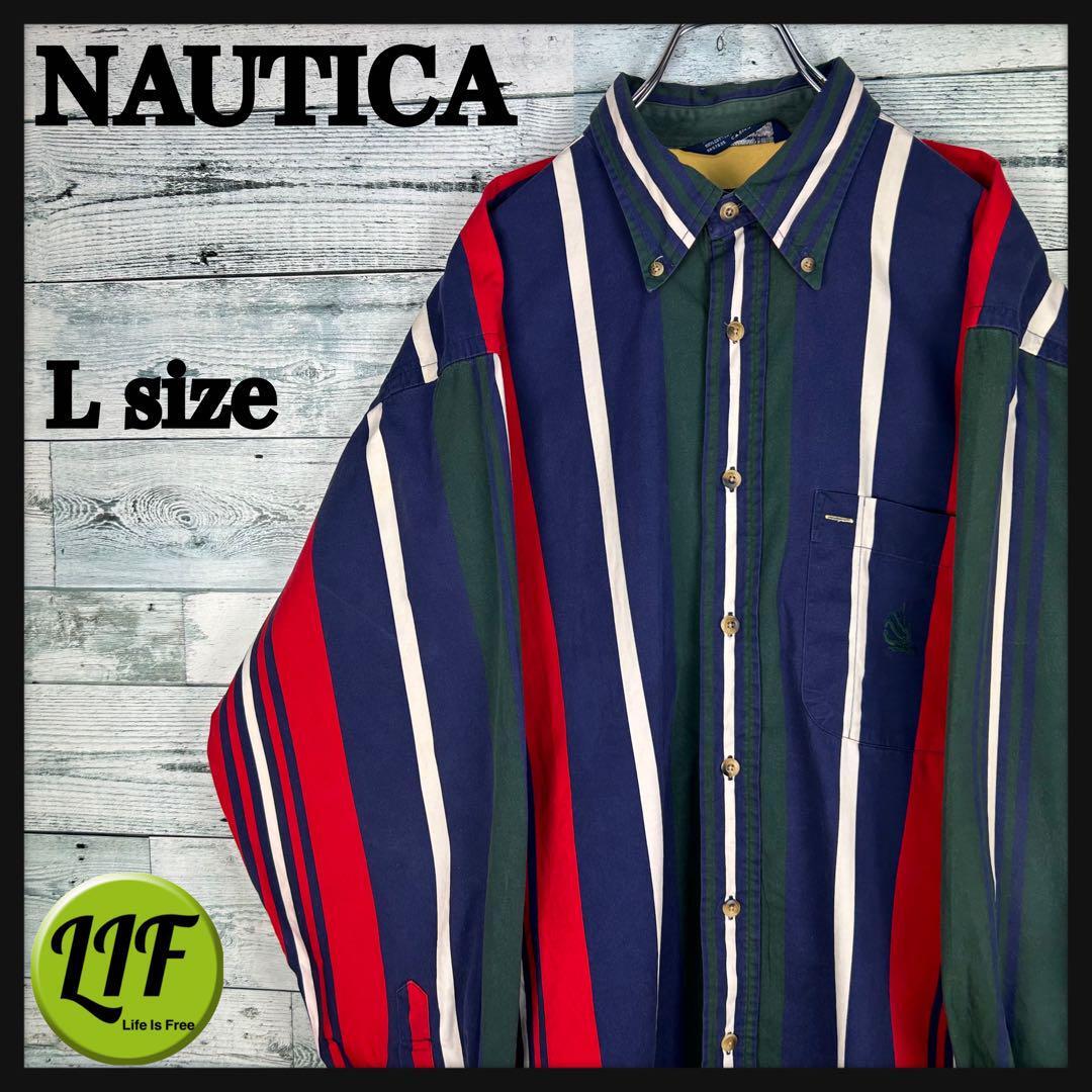 ノーティカ 刺繍ロゴ 胸ポケット 長袖 BDシャツ ストライプ L 4813拍卖