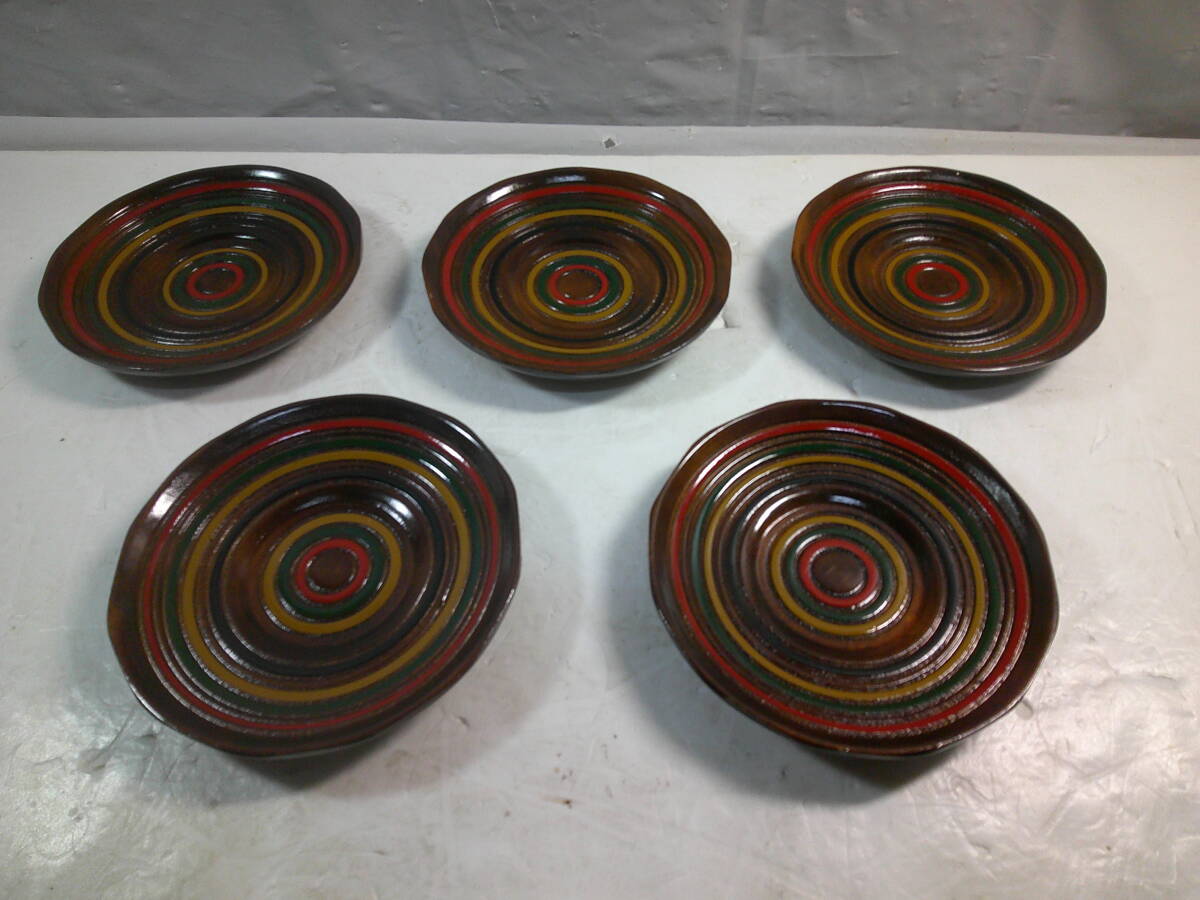★独楽 コマ模様 茶托 独楽文様 独楽塗 5客 古美術 骨董 古玩 日本料理 懐石 料亭 茶道具拍卖