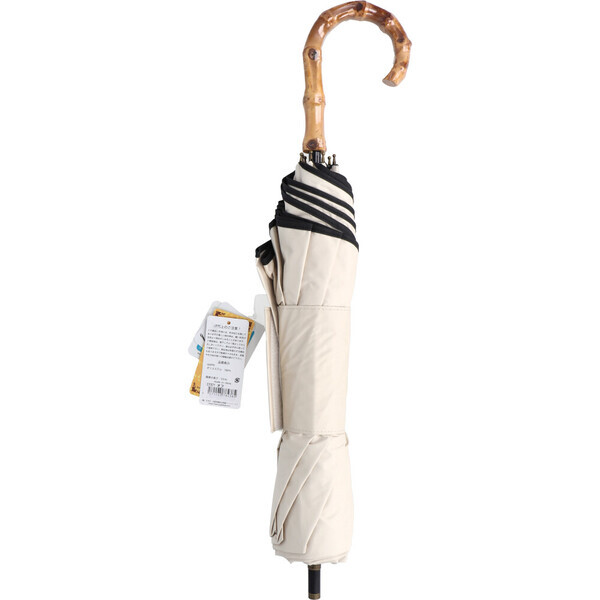 晴雨兼用ショートワイド傘 竹手元 裏黒コーティング 無地裾パイピング オフホワイト拍卖