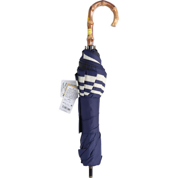 晴雨兼用ショートワイド傘 竹手元 裏黒コーティング マリンボーダー ネイビー拍卖