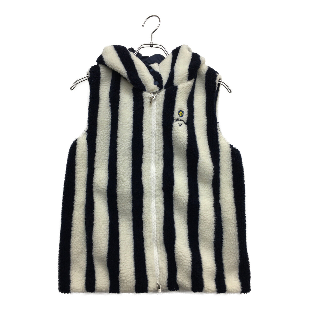coco 中古【値下げ】キャロウェイ レディース ベスト L 白×紺 ホワイト×ネイビー ダブルジップ ボア フード 中綿入 ストライプ 97375拍卖