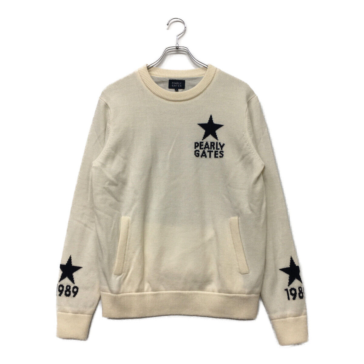 coco 中古【値下げ】パーリーゲイツ PEARLY GATES メンズ セーター 4(M) 白 ホワイト 星柄 クルーネック 裏地付き 防風 防寒 K4702拍卖