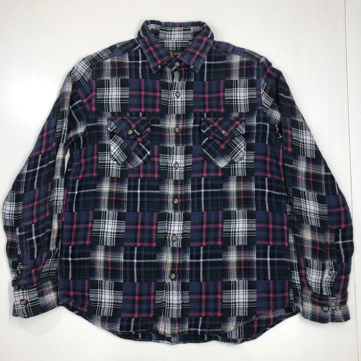 AIGLE エーグル ネルシャツ チェック柄 パッチワーク風 アウトドア メンズ XSサイズ 412-65a拍卖