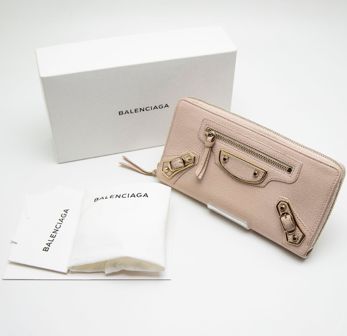 中古品 バレンシアガ クラシックコンチネンタル ラウンドファスナー長財布 ベージュピンク ジップ ラムスキン 253036拍卖