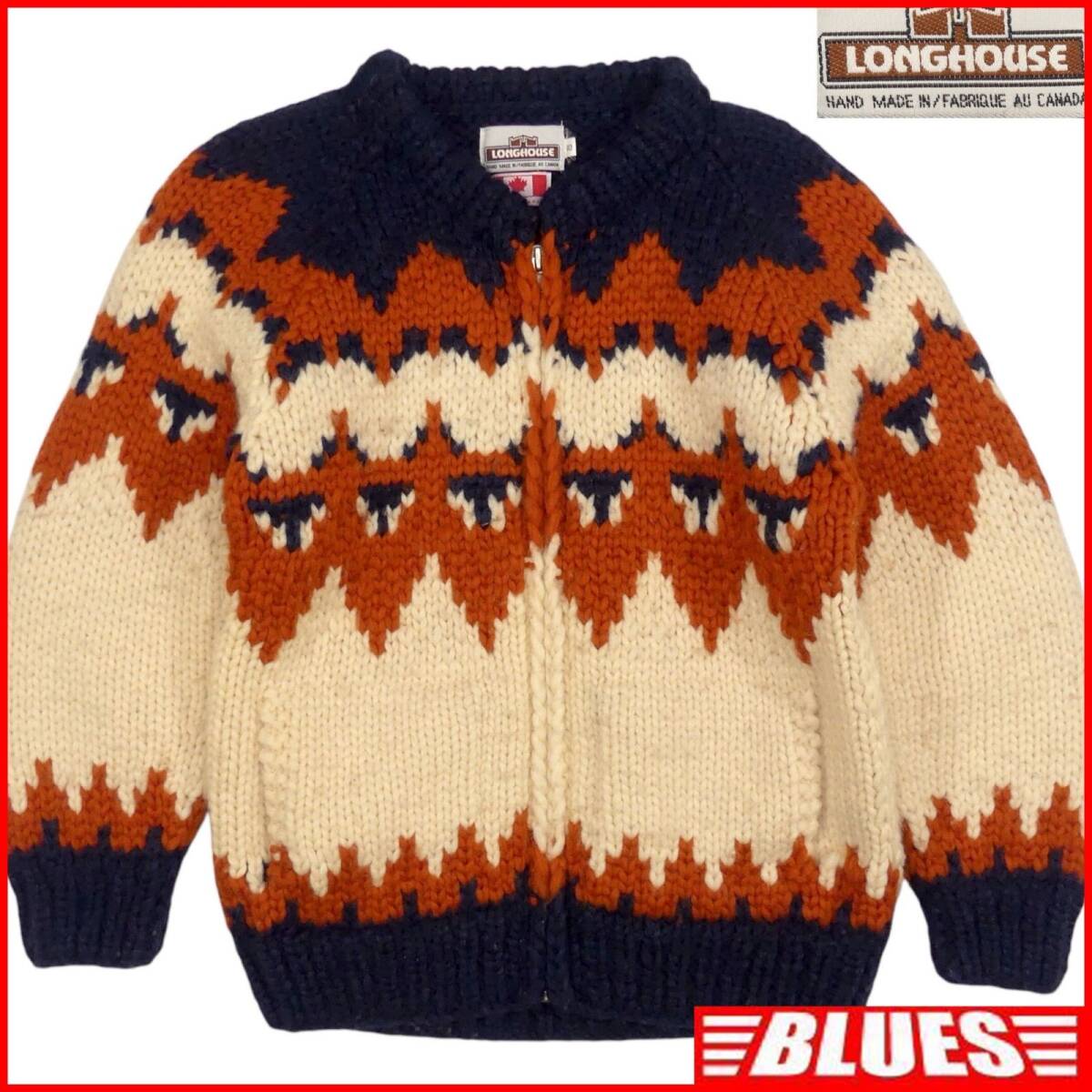 即決★カナダ製 LONGHOUSE★メンズ L カウチンセーター ロングハウス 40 ノルディック ウール ニット セーター カーディガン ジップアップ拍卖