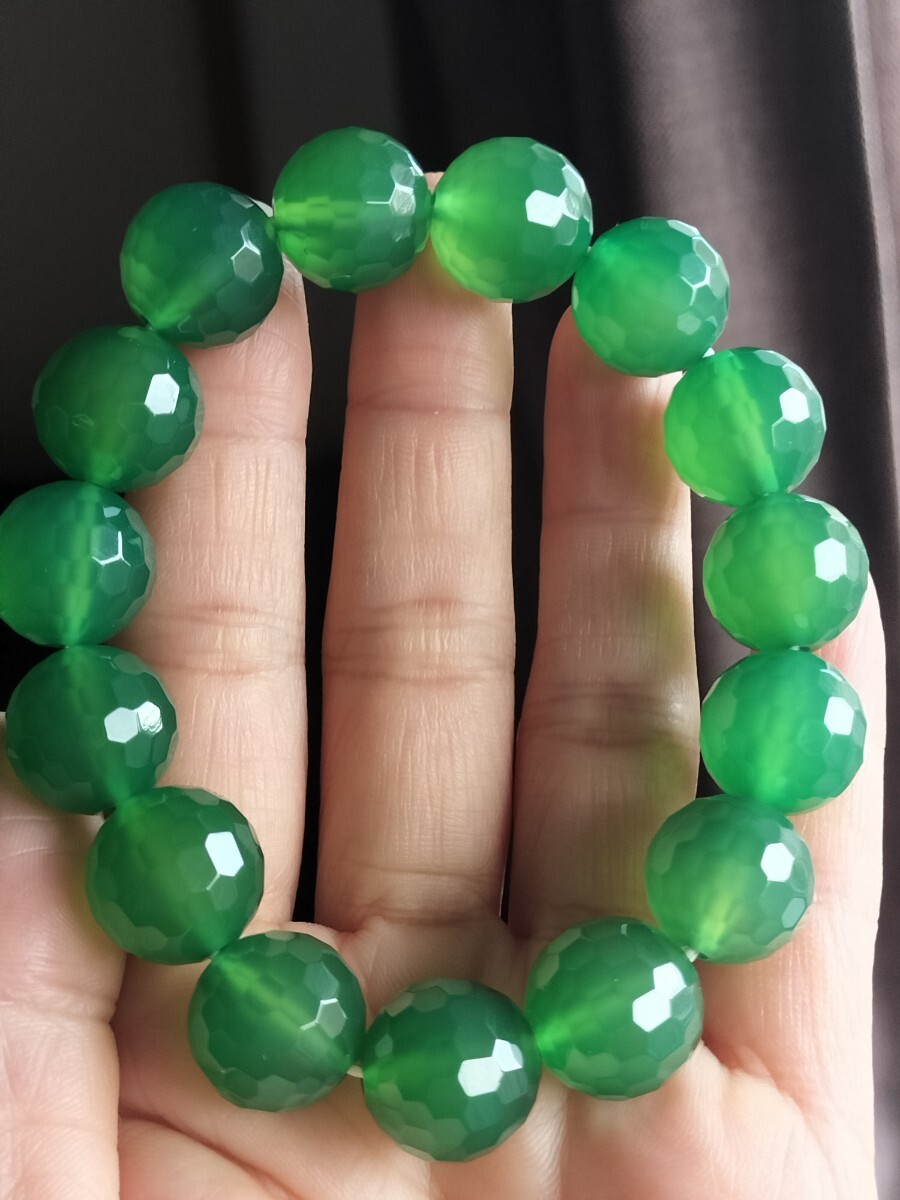 天然氷種緑玉髓 グリーン瑪瑙 天然石 多面カット 大粒 ブレスレット 14mm拍卖
