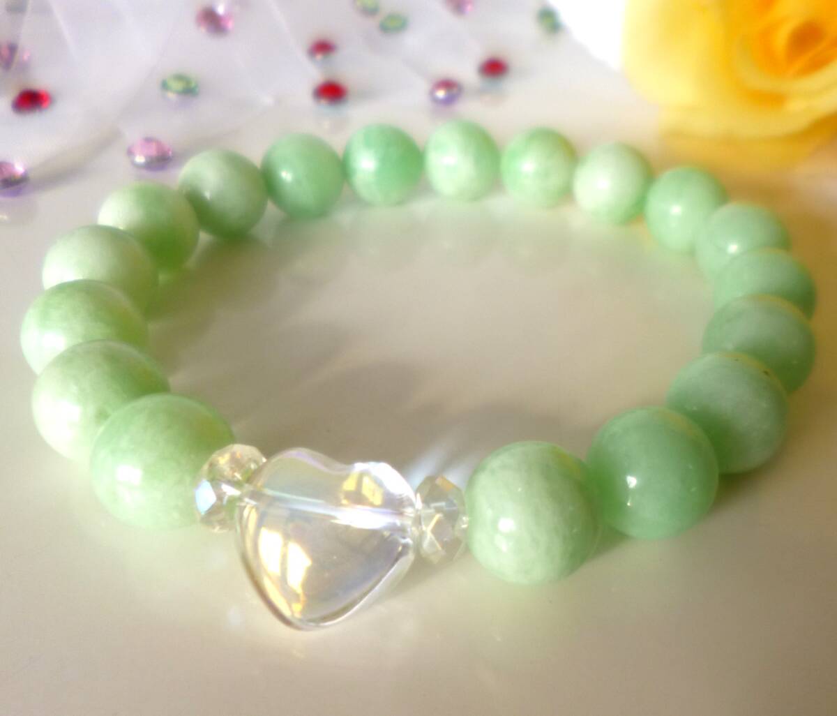 ☆希少☆月のパワー☆心の癒し☆ヒーリング☆グリーンムーンストーン☆幸運引き寄せ☆ハート☆レインボーオーラ☆10mm☆16.5cm☆拍卖