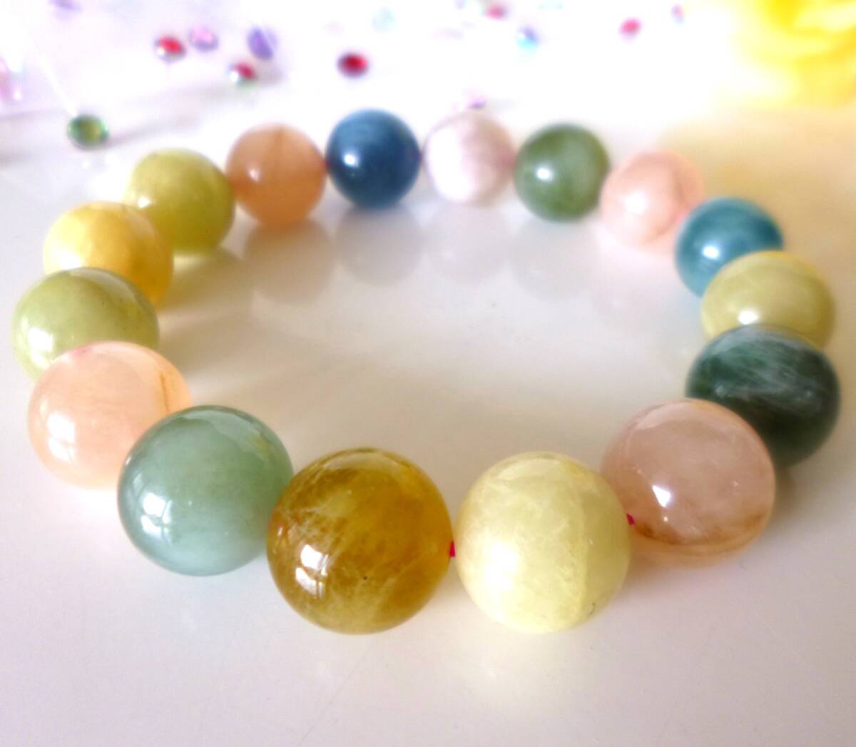 ☆1点もの☆ミックスベリル☆渋めパステルカラー☆ ☆アクアマリン☆モルガナイト☆グリーンベリル☆ ☆大珠13mm☆17cm☆A☆ 拍卖