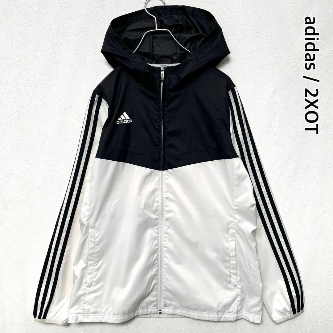 アディダス フード付きナイロンジャケット ジップアップ バイカラー ホワイト ブラック 大きいサイズ2XOT LL〜3L adidas拍卖