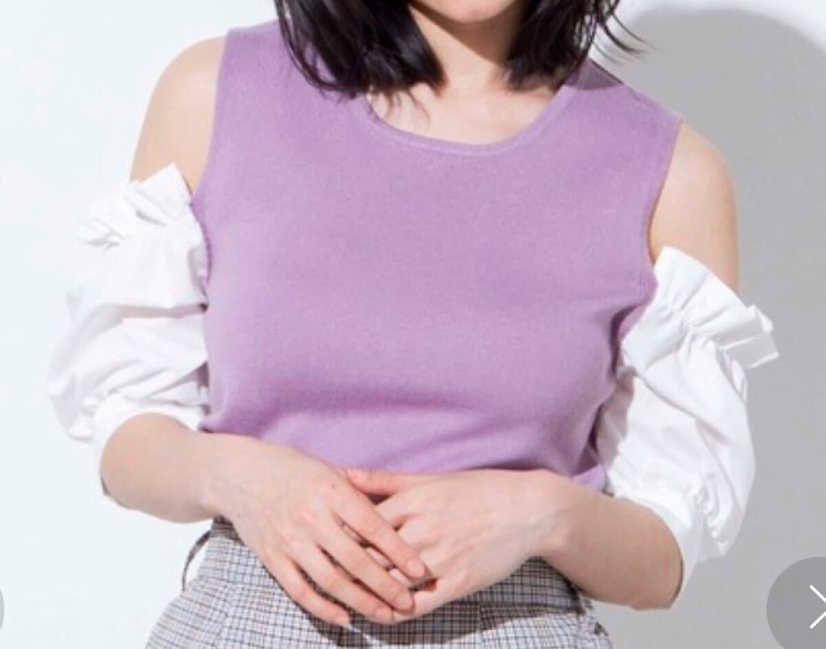 大人かわいい ウィゴーWEGOパフスリーブ オープンショルダー プルオーバー オフショルダー ニットトップス ノースリーブMサイズ パープル拍卖