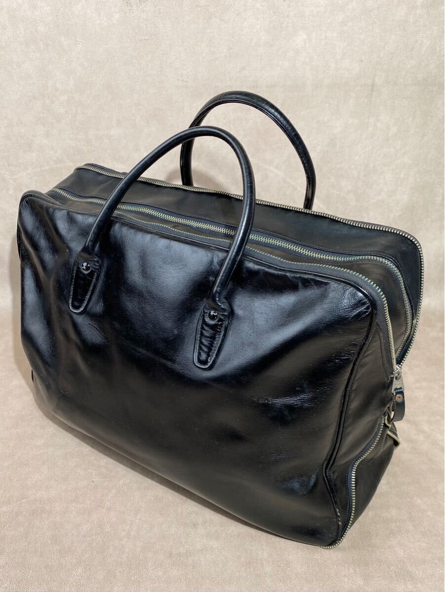 ビンテージ レザー ボストンバッグ ハンドバッグ 43cm×30cm×13cm 中型 薄型にも 鍵付き ★ 本革 カバン バッグ 昭和 黒 ブラック 拍卖
