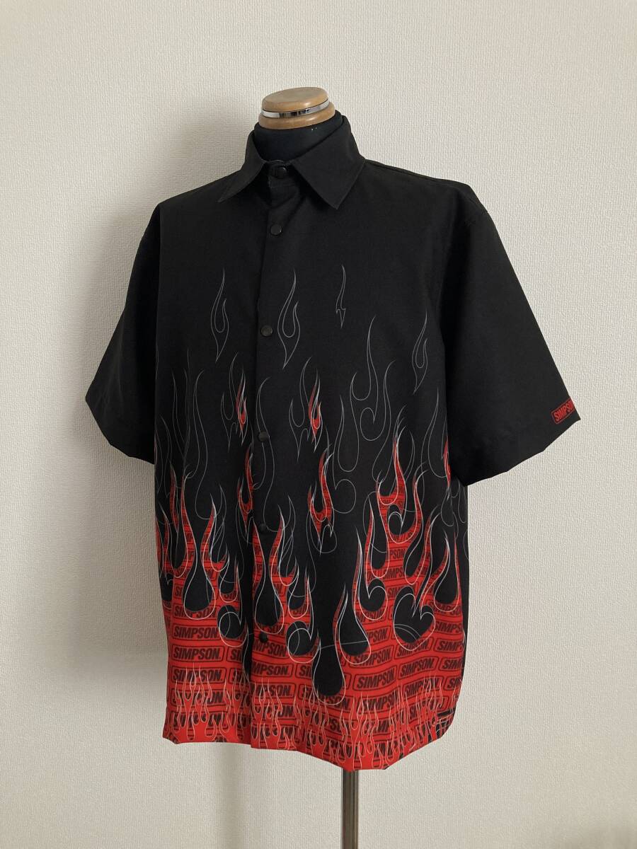 【SIMPSON】半袖シャツ 国内XL相当 ファイヤー 炎フレイム ロゴ柄 スナップボタン 希少 90s USA製 美品 バイクウェア シンプソン 拍卖