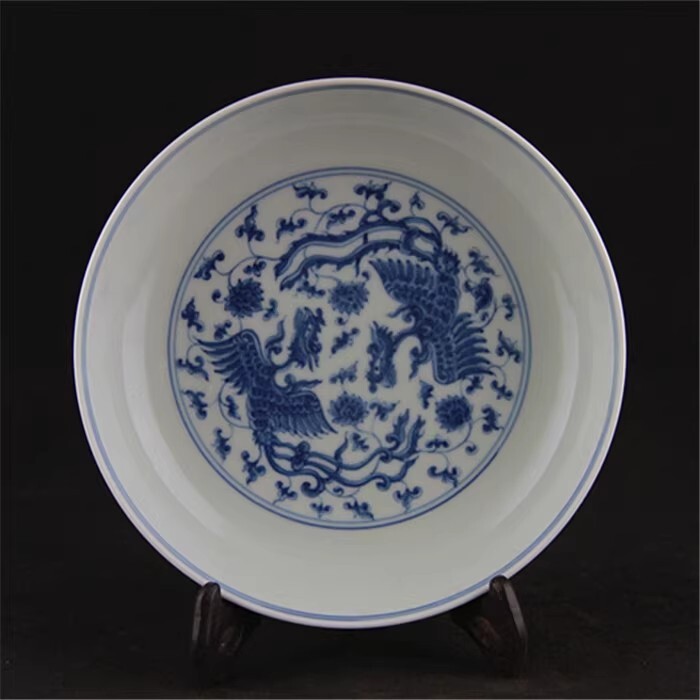 ◆旧家蔵出◆古美術 中国古玩 大明成化年製款 青花 双鳳紋盤 古賞物 骨董 時代物 CN01拍卖