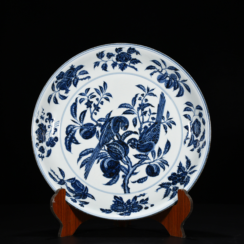 ◆旧家蔵出◆古美術 中国古玩 大明宣徳年製款 青花 花鳥大盤  置物 擺件 古賞物 骨董 時代物 A33拍卖