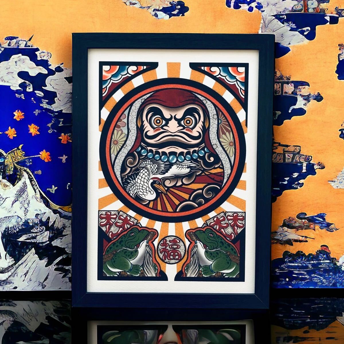 開運 招福 縁起物 尾九 オリジナル イラスト 和彫り 刺青 達磨 鶴 黒色 A4サイズ 黒色 フレーム付き 壁掛け インテリア tattoo拍卖