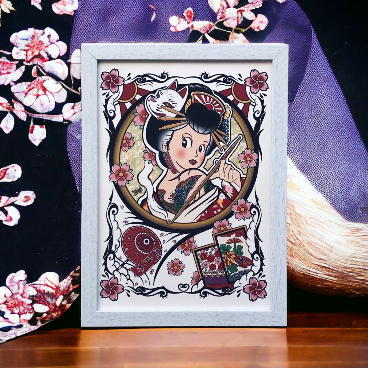 花魁 花札 縁起物 開運 招福 商売繁盛 和柄 着物 和彫り 刺青 タトゥー 鳳凰 尾九 オリジナル イラスト 絵 A4サイズ 白色 フレーム付き 拍卖