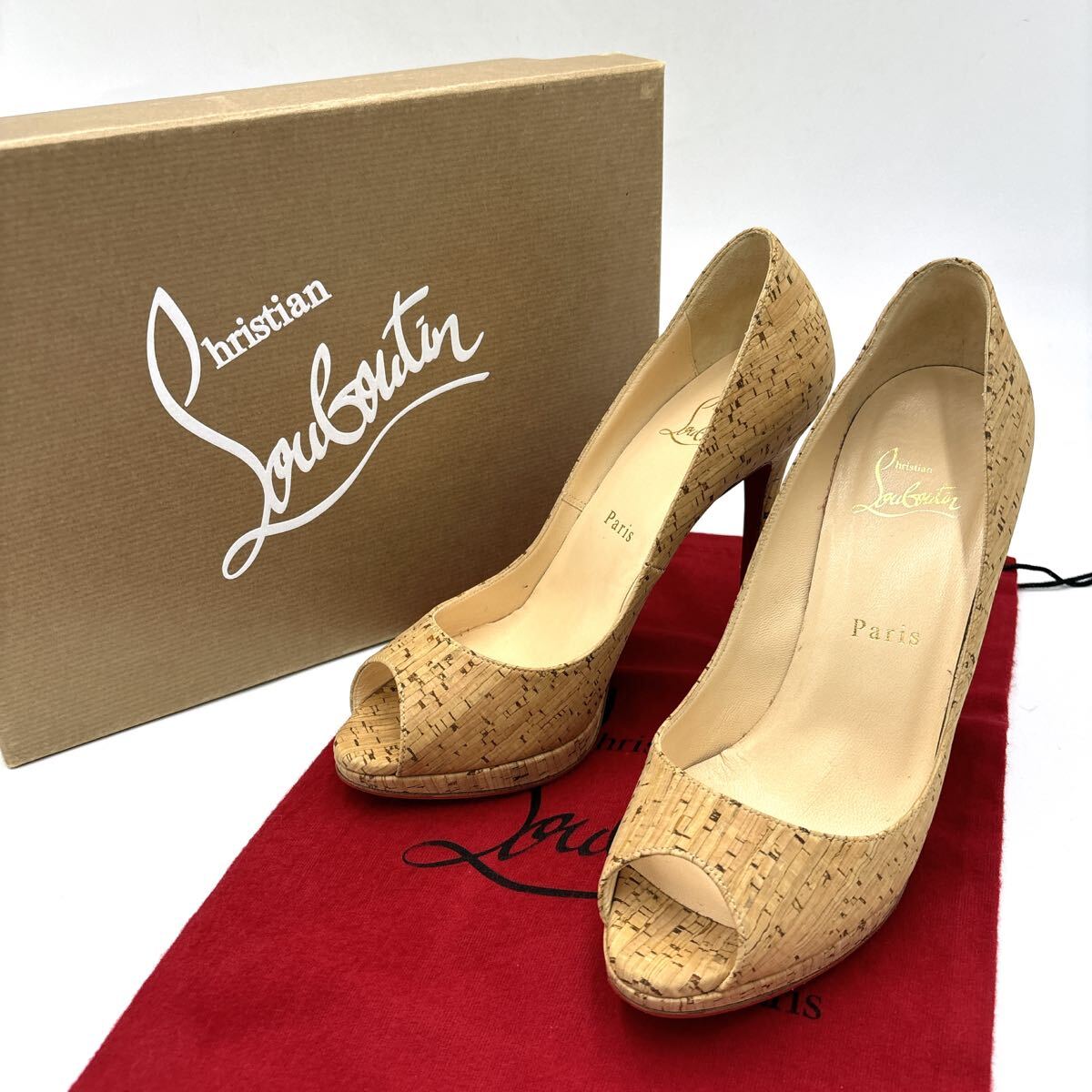 * 美品 付属品完備 '高級婦人靴' Christian Louboutin クリスチャンルブタン 本革 コルク オープントゥ ヒール パンプス EU37.5 23.5~24cm拍卖