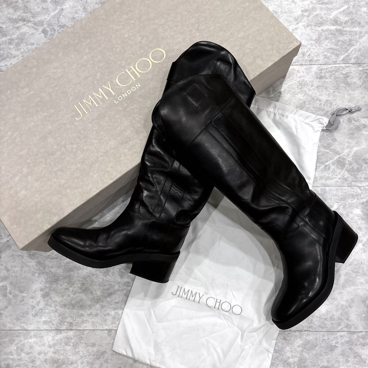 * 良品 付属品完備 イタリア製 '高級感溢れる' JIMMY CHOO ジミーチュウ 本革 ロング ヒール ブーツ EU36.5 23cm レディース シューズ 拍卖