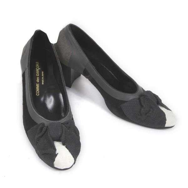 コムデギャルソンCOMME des GARCONS インサイドアウトゴムリボンデザインレザーパンプス チャコール黒23拍卖