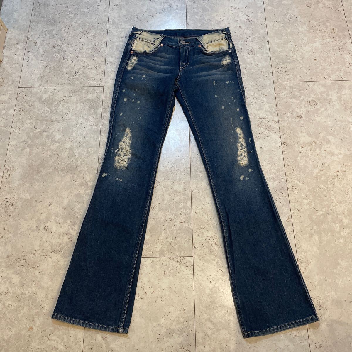 良好 USA製 ARMANI EXCHANGE アルマーニ エクスチェンジ ダメージUSED加工 ブーツカット デニムパンツ ジーンズ インディゴ 0REG Y2K拍卖