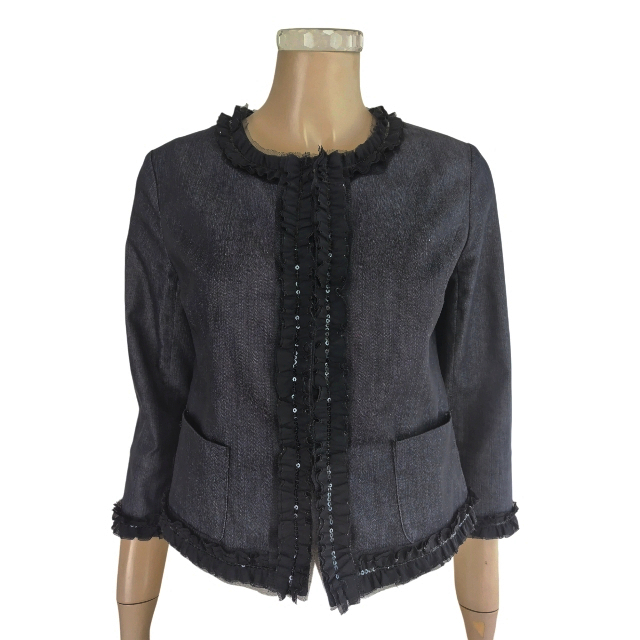 美品*ギャラリービスコンティ*GALLERY VISCONTI*デニム調*浅黒*レースシフォン&スパンコールトリム*ストレッチジャケット*2(9号.Mサイズ.38拍卖