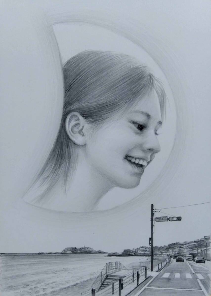 鉛筆画 美人画 「月の窓辺№.021鎌倉高校駅前交差点」 Atelier809 作 A4サイズ真作です。 ※額縁は付いていません。拍卖