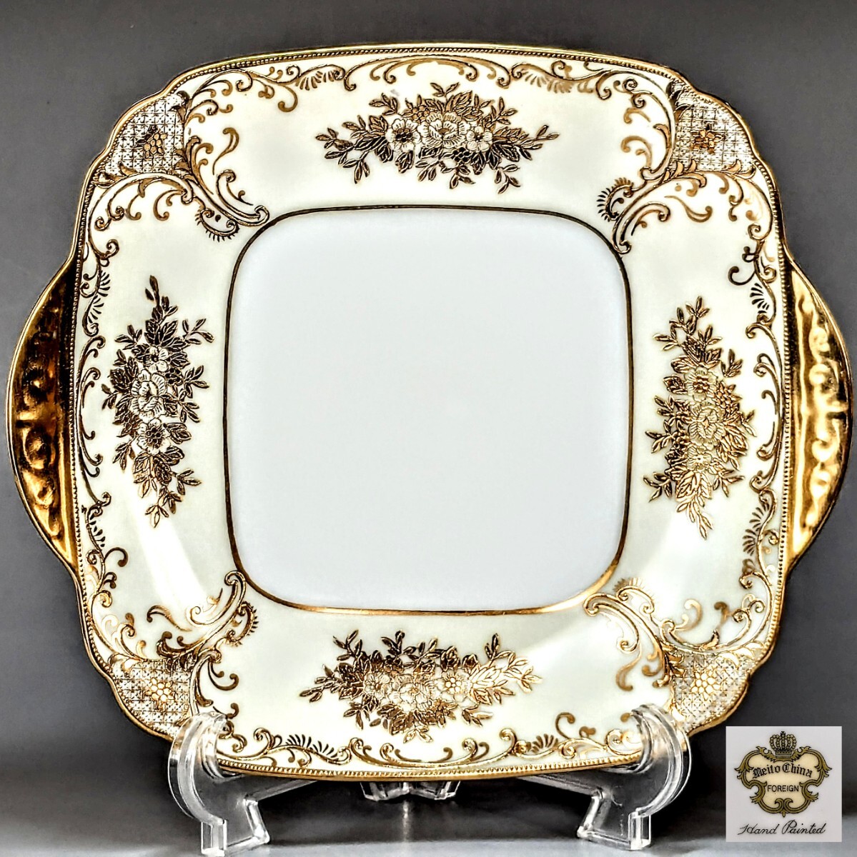 大銘品!貴重!!名古屋製陶(MEITO) オールドメイトウ 金盛上華装飾 大皿 持ち手付きプレート拍卖