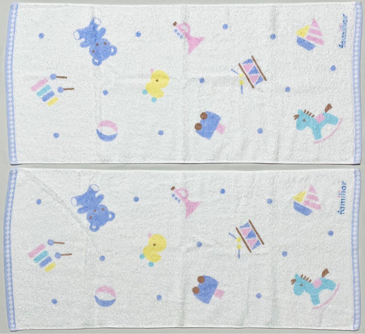 16 新品本物即決 ファミリア familiar 日本製 フェイスタオル 2枚組 綿100% 動物おもちゃ柄シリーズ ベビーブランドギフト訳あり拍卖