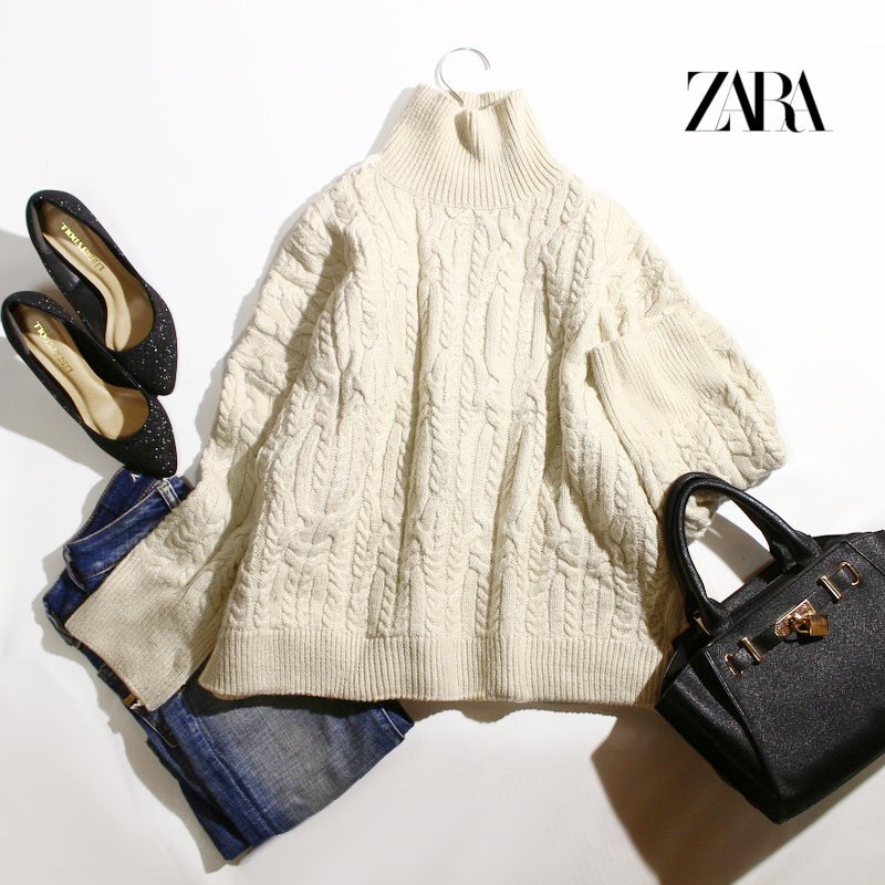 美品 厚手 ZARA ザラ ケーブル編み ケーブル ゆったり ハイネック ニットセーター M オフ ホワイト 白拍卖