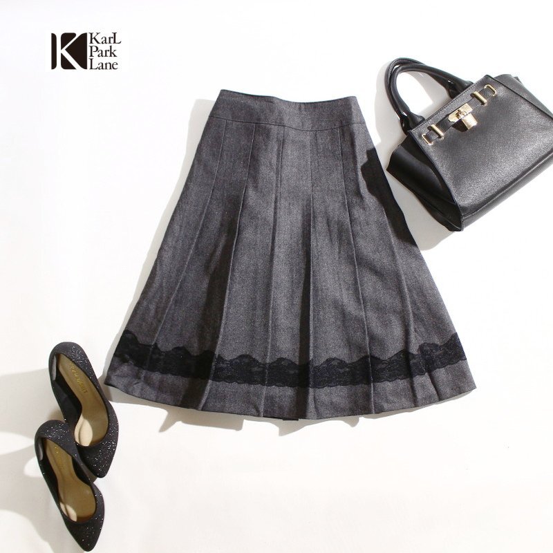 美品 カールパークレーン Karl Park Lane 秋 冬 大人可愛い レース ウール Aライン フレアスカート 5号 7号 ウエスト58 グレー オフィス拍卖