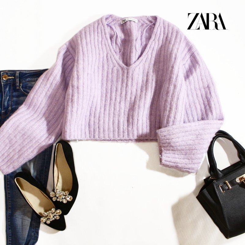 美品 厚手 ZARA ザラ ■ シンプル ショート丈 ゆったり ドロップショルダー 淡色 ニットセーター ラベンダーパープル 紫 M拍卖
