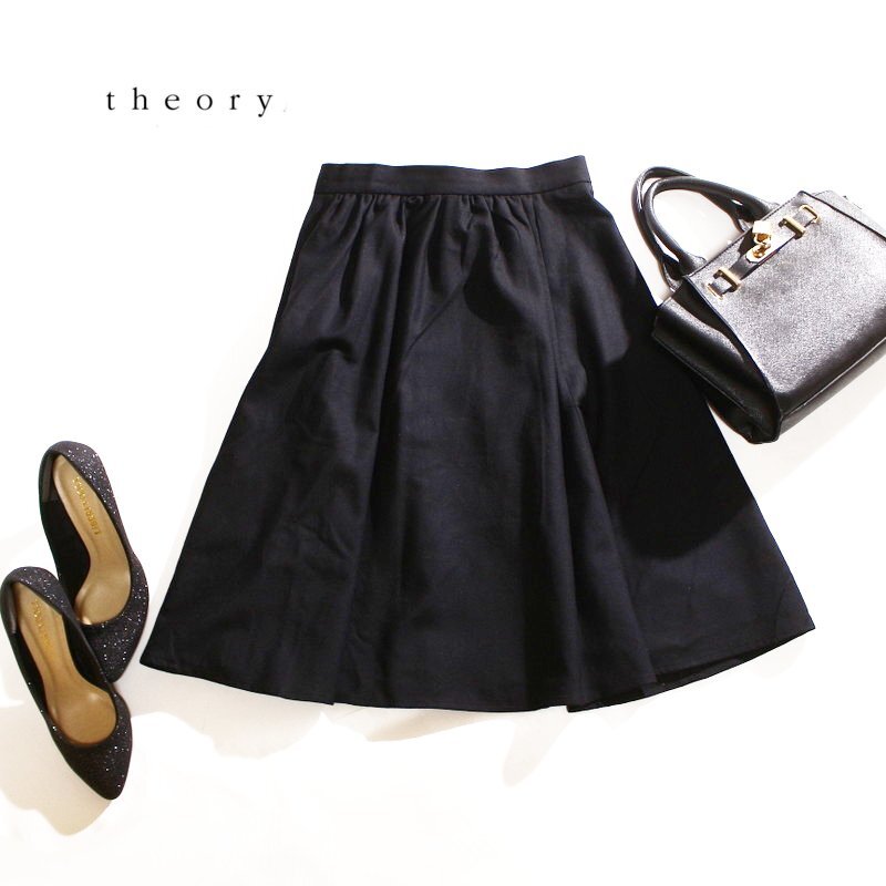 美品 セオリー Theory 秋 冬 洗練 シンプル ミディ 毛70% Aライン フレア ウールスカート 9号 2 ブラック 黒 通勤 オフィス 綺麗め ママ拍卖
