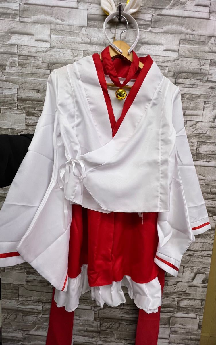 巫女 コスプレ なりきり ウサ耳 ミニスカート ホワイト レッド 5点セット レディース拍卖