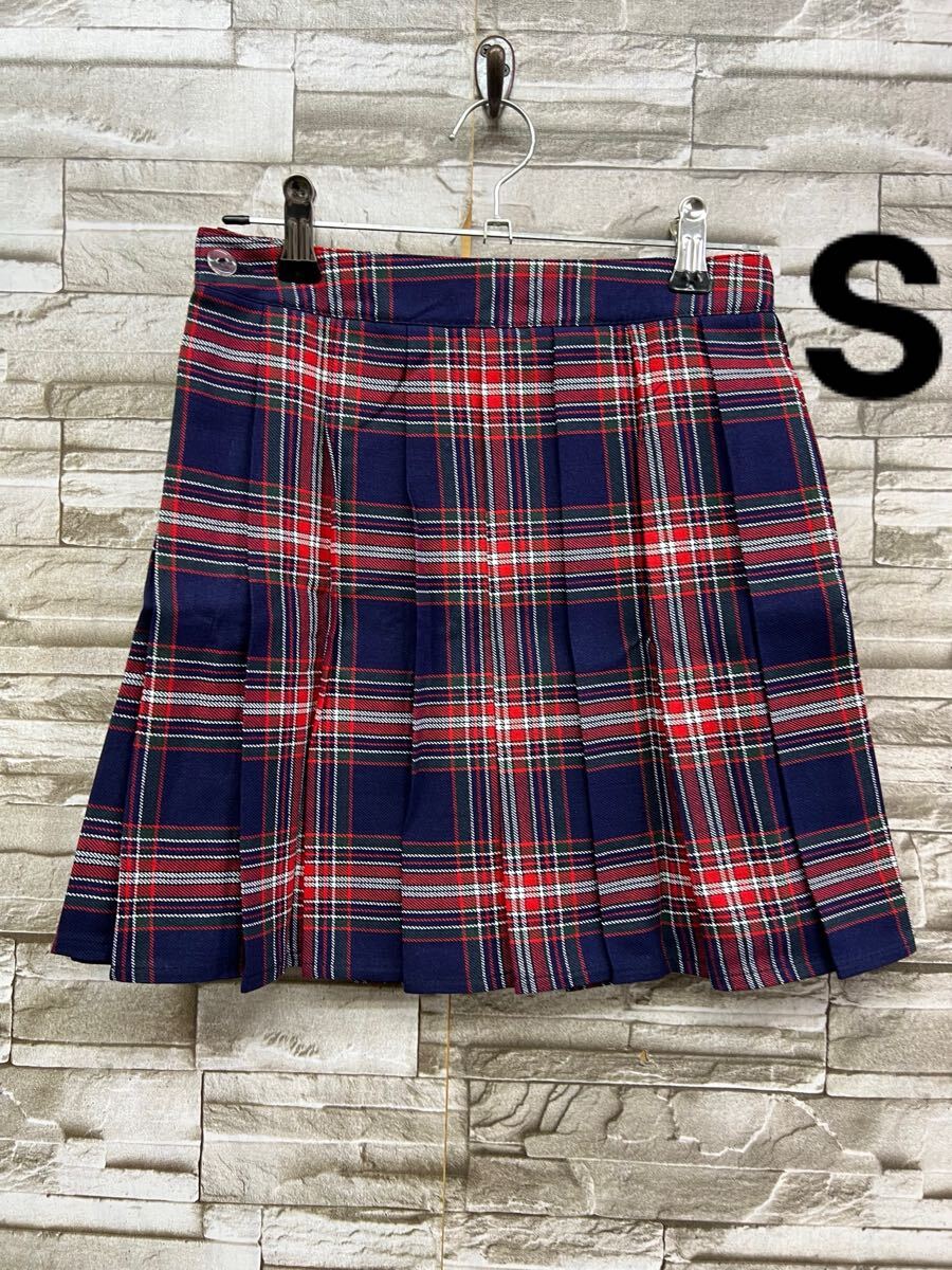 S レッド ネイビー チェック柄 スカート プリーツスカート 制服 レディース コスプレ なりきり 高校拍卖