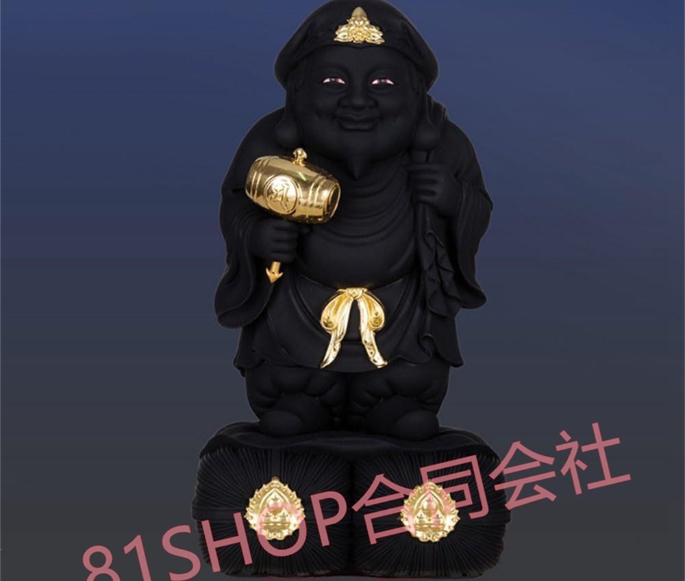 「81SHOP 画像をクリックして拡大イメージを表示 仏像 開運招福七福神 大黒天 樹脂製 商売繁盛厄除け (手描き 金貼り) (高さ30cm×巾15cm)拍卖