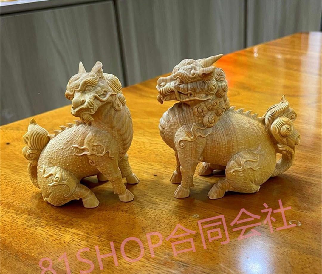 「81SHOP」 木彫り 麒麟 置物 風水 高さ9cm 魔除け お守り(2体セット)開運グッズ 金運グッズ 高級天然ツゲ木彫り拍卖