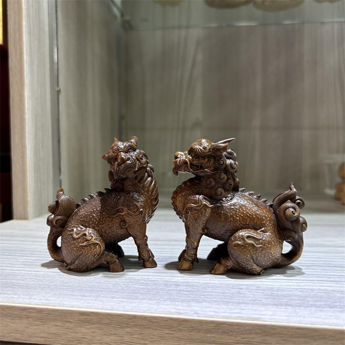 「81SHOP」 麒麟 置き物 風水 2体セット 高級天然ツゲ木彫り 運気アップ 金運 お守り 木彫り 置物 高さ9cm (古美色)拍卖
