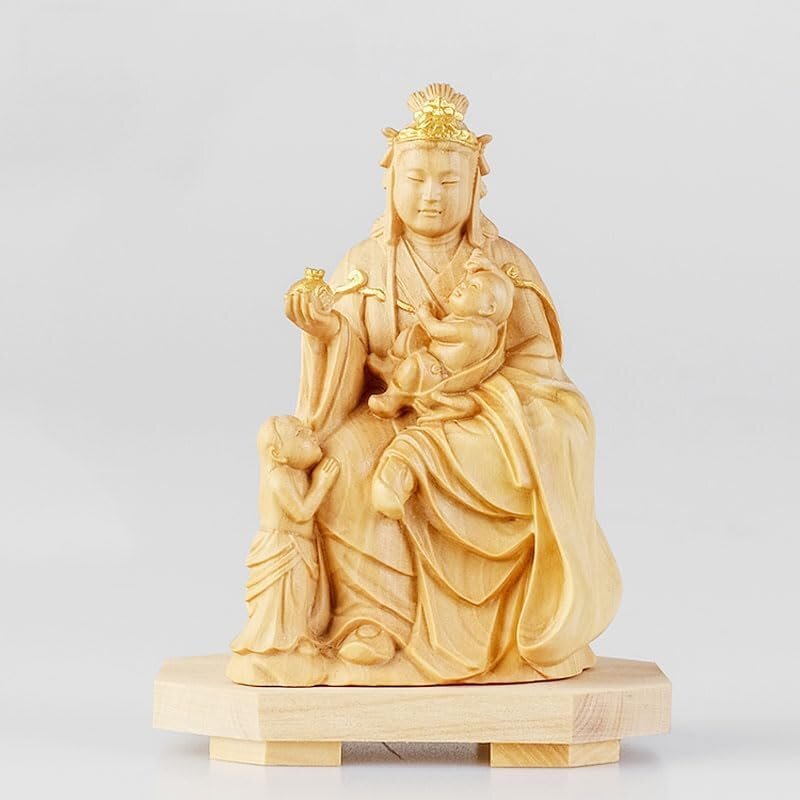 「81SHOP」 木彫りの仏像【鬼子母神】柘植 金泥仕様 安産成就 安産のお守り 恋愛運 良縁成就(高さ8.5cm×巾6.5cm×奥行5cm) (原木)拍卖