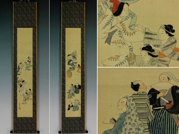 【模写】平田湘琳【双幅・元禄踊り】◆絹本◆掛軸 w01071拍卖