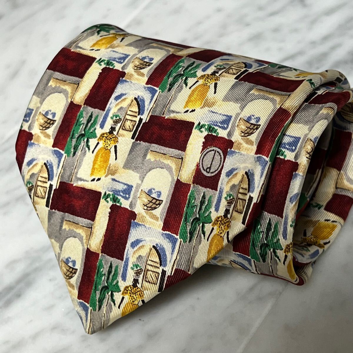 【美品】 999円~ dunhill ネクタイ レッド グレー 人 建物 カゴ 総柄 マルチカラー (R2)拍卖